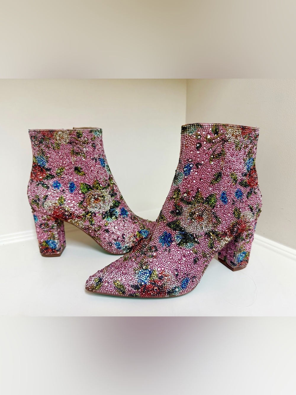 Betsey Johnson, Cady Floral Bootie, Size 8. Pink Rhinestone. New in Box.